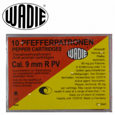 Cartouches Wadie 9mm/380 PV Pepper A Gaz Poivre Par 10